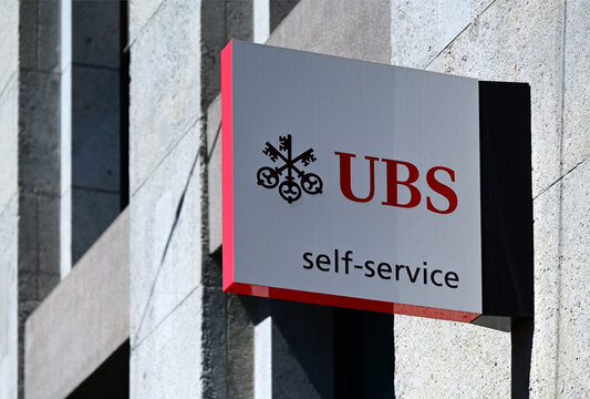Geneva, Switzerland, Europe - 05.2026 : UBS Bank self service point, World's largest private bank, largest amount of private wealth in the world, Bulge bracket