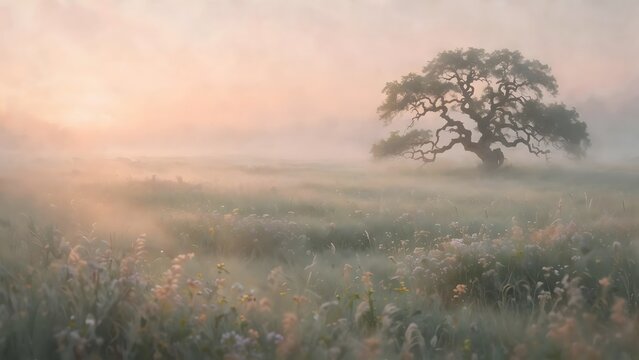 Misty Morning Oak Tree in a Sunlit Meadow with Wildflowers and Soft Light Rays