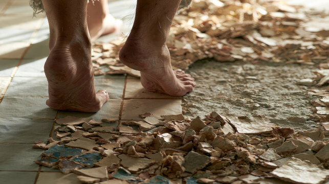 Bare foot broken tile damaged floor rough surface repair construction home interior close up walking