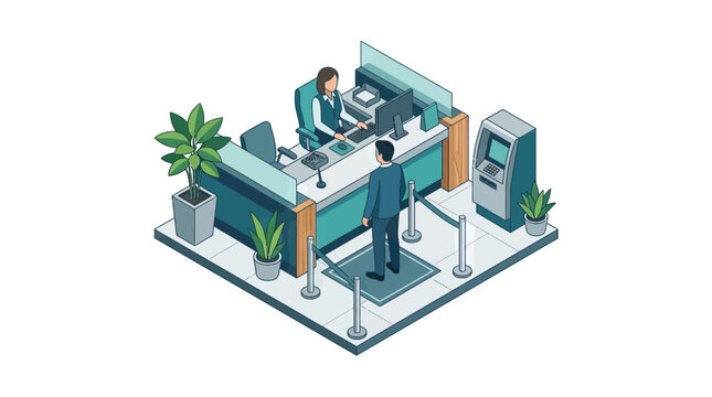 Isometric bank teller assisting customer at service counter