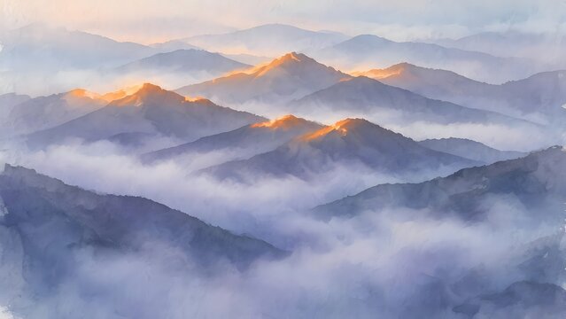 Serene Mountain Peaks Illuminated by Golden Sunlight Breaking Through Morning Mist, Evoking Tranquility and Majestic Natural Beauty