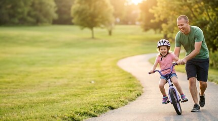 Obraz premium Happy father helping his daughter learn to ride a bicycle in a park