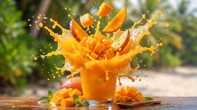 Mango pieces splashing in fresh juice. Tropical fruit drink explosion with vibrant nectar.