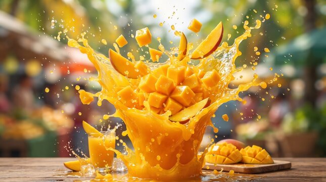 Mango pieces splashing in fresh juice. Tropical fruit explosion with liquid dynamic motion.