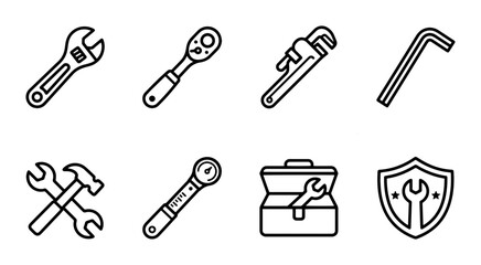 Obraz premium Set of 8 Hand Tool Icons: Wrench, Ratchet, Pipe Wrench, Hex Key, Toolbox, Shield; Clean Line Art for Repair and DIY Projects
