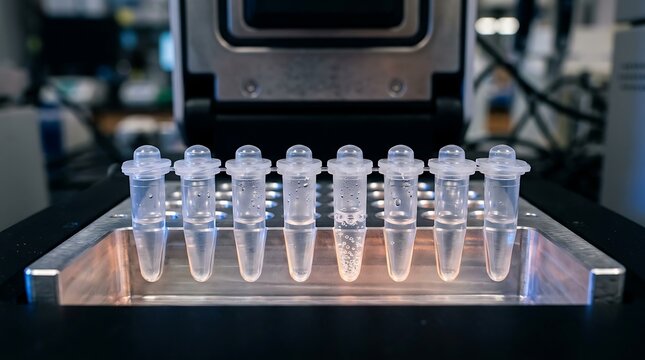 Scientific microcentrifuge tubes in a laboratory thermal cycler
