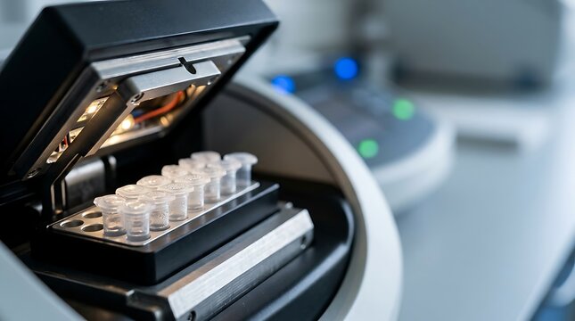 Laboratory thermal cycler machine with small plastic test tubes