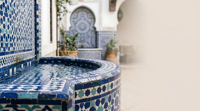 Traditional moroccan fountain with blue mosaic tiles in a courtyard