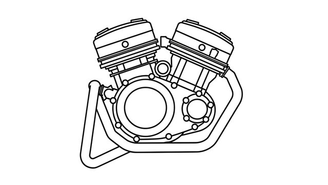 Vintage motorcycle engine line art white background.