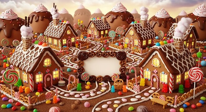 A whimsical candy-laden gingerbread village with intricately designed houses