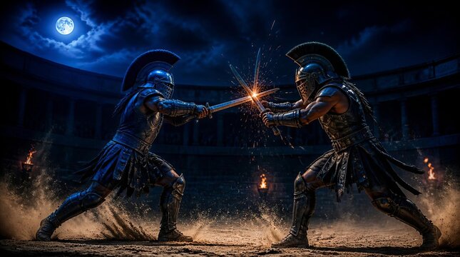 Epic Night Battle of Ancient Warriors in a Moonlit Arena