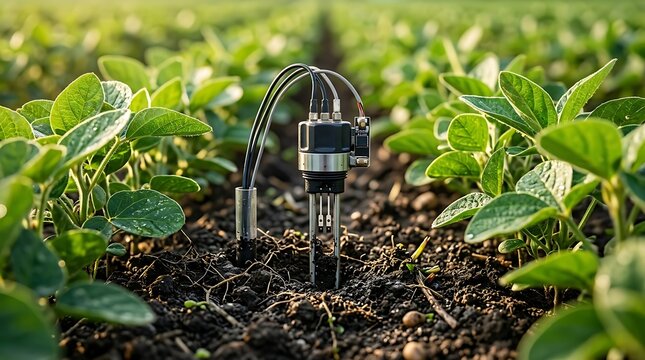 Smart agricultural soil sensor monitoring a lush green crop field