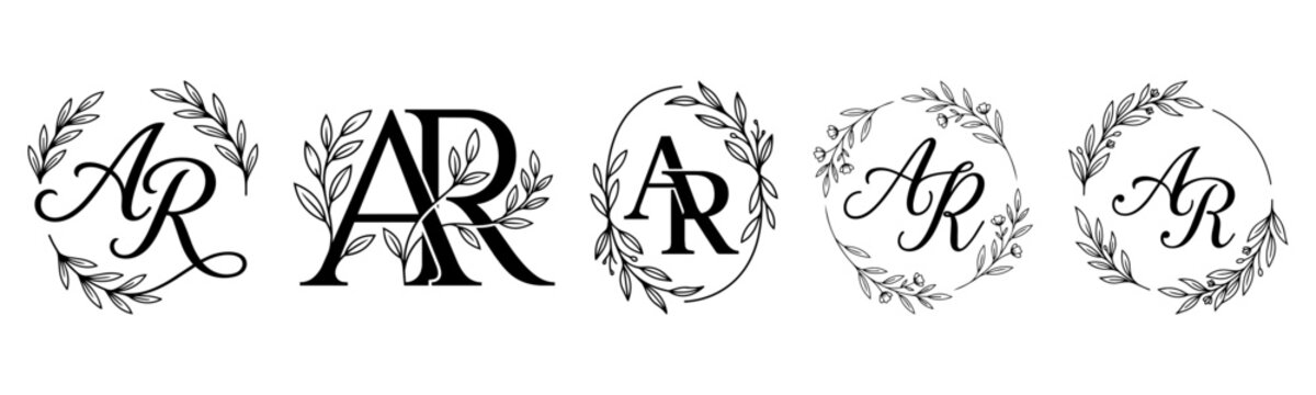AR Monogram Set with Elegant Botanical Wreath and Floral Initial Letters Vector
