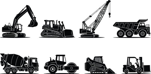 Obraz premium Black silhouette vector collection of heavy construction machinery including excavator, crane, bulldozer, and dump truck