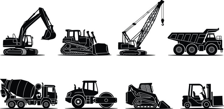 Black silhouette vector collection of heavy construction machinery including excavator, crane, bulldozer, and dump truck