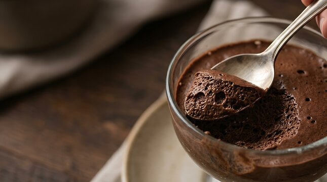 Creamy chocolate mousse being scooped with a spoon in a glass cup