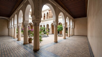 Obraz premium Traditional moroccan courtyard with ornate arches and tiled floors