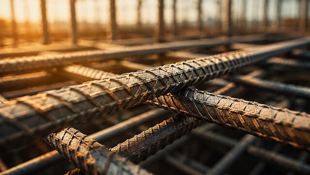 Close-up of steel rebar construction framework illuminated by golden light