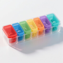 Fototapeta premium Pill organizer weekly-style box with no readable letters, colorful compartments
