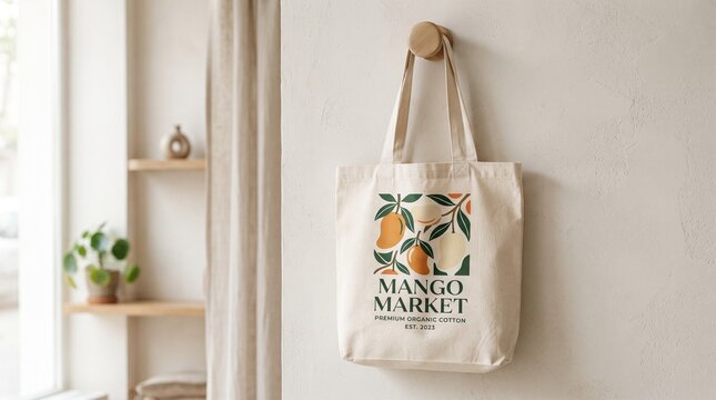 Canvas tote bag mockup with mango print. Eco friendly shopping bag hanging on wall.