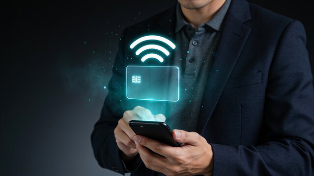 Businessman Using Smartphone with Contactless Payment Card Interface, NFC Wireless Payment, Digital Wallet, Mobile Banking and Fintech Technology
