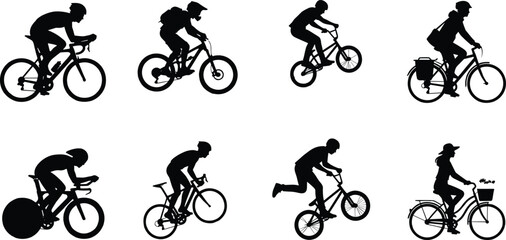 Obraz premium Vector silhouette collection of cyclists riding road, mountain, BMX, and city commuter bicycles on white