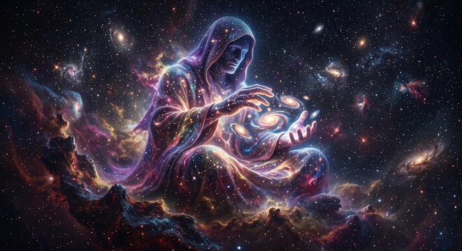 Celestial Observer Holding Miniature Galaxies in Deep Space