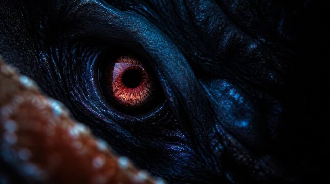 Intense Red Eye of a Dark Mythical Creature or Deep Sea Monster