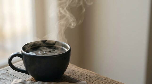 Steaming hot coffee mug on a rustic wooden table with soft light