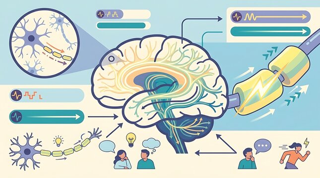 Schematic diagram of human brain neural pathways and mental function