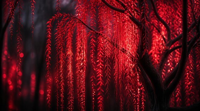 Enchanting red weeping willow tree in a mysterious dark forest