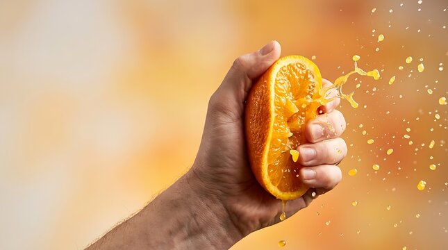 Hand squeezing a fresh orange with vibrant juice splash