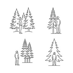 Obraz premium Man Looking Up at Tall Evergreen Trees - Line Art Vector Illustration