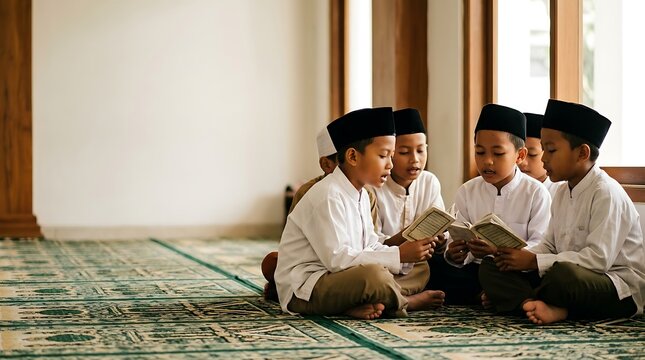 Young muslim boys reading religious books in a mosque