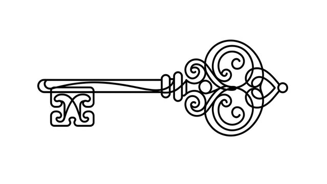 Ornate vintage key illustration white background.