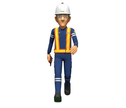 Isolated industrial worker is walking on white background