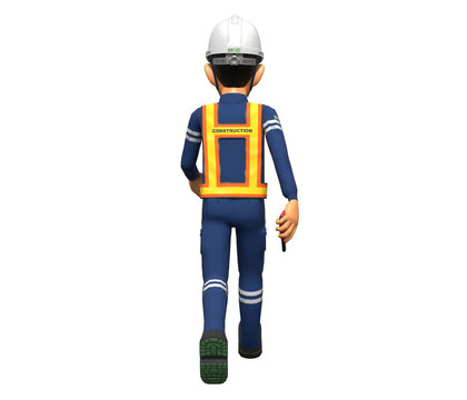 Isolated industrial worker is walking on white background