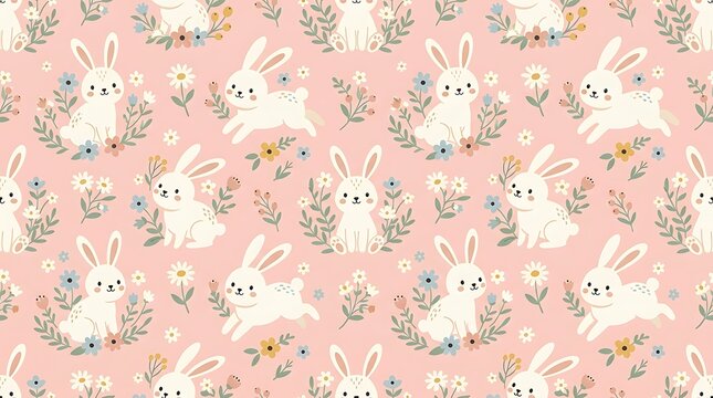 Seamless pattern with cute white rabbits and flowers on pink background
