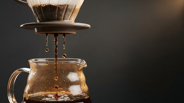 Fresh coffee dripping into a glass carafe during pour over brewing