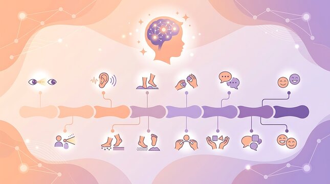 Child developmental milestones timeline with sensory icons