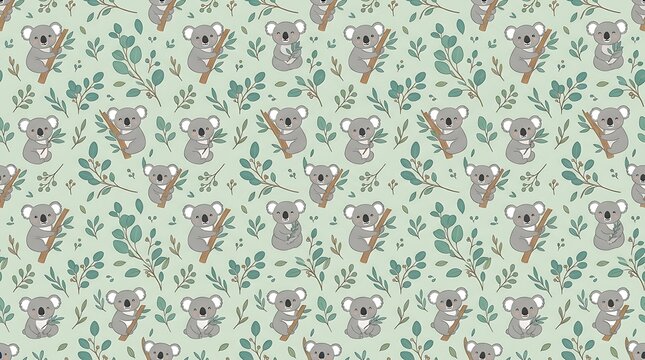 Seamless pattern with cute cartoon koalas and eucalyptus leaves