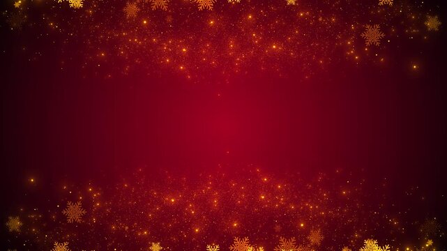 Red festive snowflake background golden sparkles, glowing particles, rich holiday copy space. Christmas greeting intros, winter celebrations, festive titles invitation screens, elegant seasonal motion
