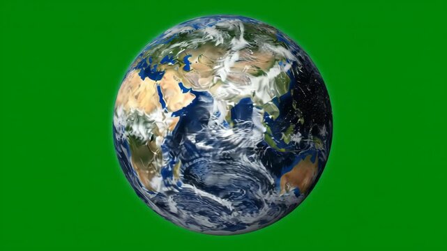 A detailed 3D planet Earth globe rotating smoothly on a bright chroma key green screen background for digital compositing