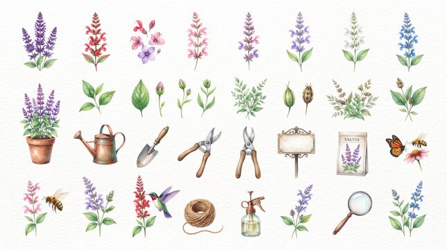 Watercolor gardening collection featuring lavender sprigs floral blossoms vintage garden tools pollinators and hummingbirds on white
