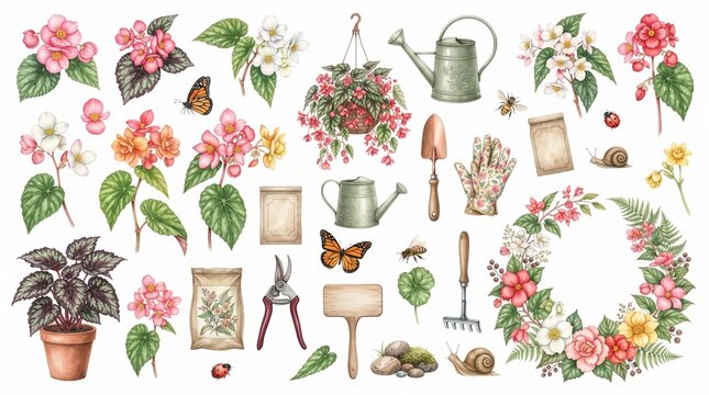 Vintage watercolor gardening elements collection featuring floral blooms, hand tools, butterflies, and wreath for spring hobby projects