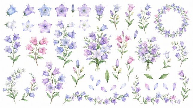 Beautiful collection of watercolor illustrations featuring bellflowers in various arrangements and styles, perfect for floral designs