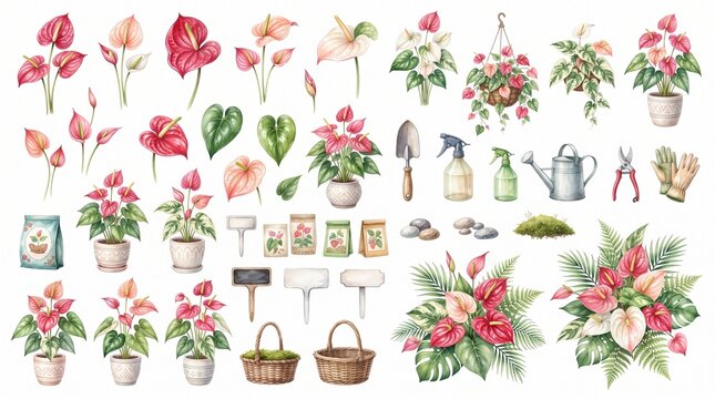 Watercolor Anthurium Plant Collection with Gardening Tools and Potted Flowers for Botanical Garden Decor