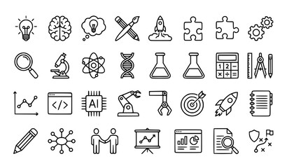 Fototapeta premium Creative thinking and STEM outline icon set editable vector illustration