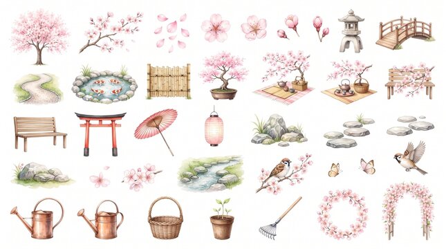 Watercolor Japanese Garden Elements Collection Featuring Cherry Blossom Trees and Traditional Decorations
