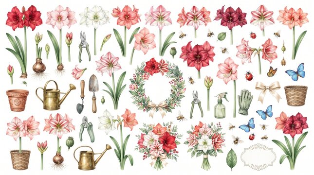 Watercolor amaryllis floral elements and gardening tool set